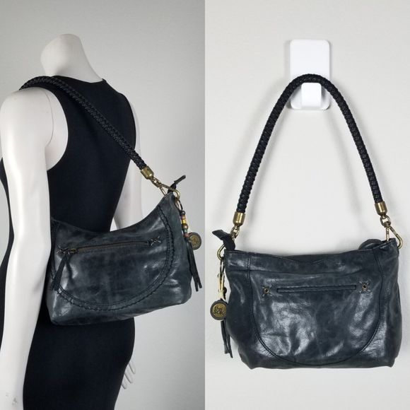 The Sak Y2K 90s Black Leather Zip Top Bohemian Tassle Braid Handle Shoulder Bag - Picture 1 of 12
